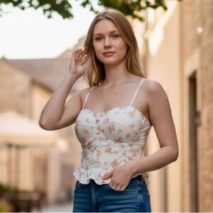 SIM & SAM M Ivory Pink Floral Top Bustier Smocked Back Stretch